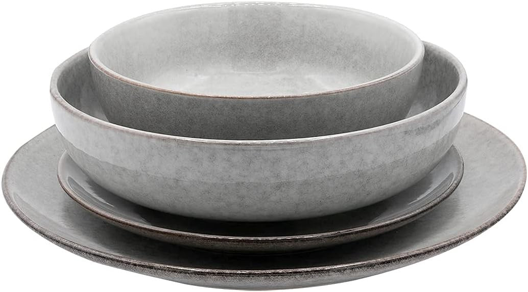 16pc Grey Stoneware Dinner Set Plates Bowls Microwave Dishwasher Safe