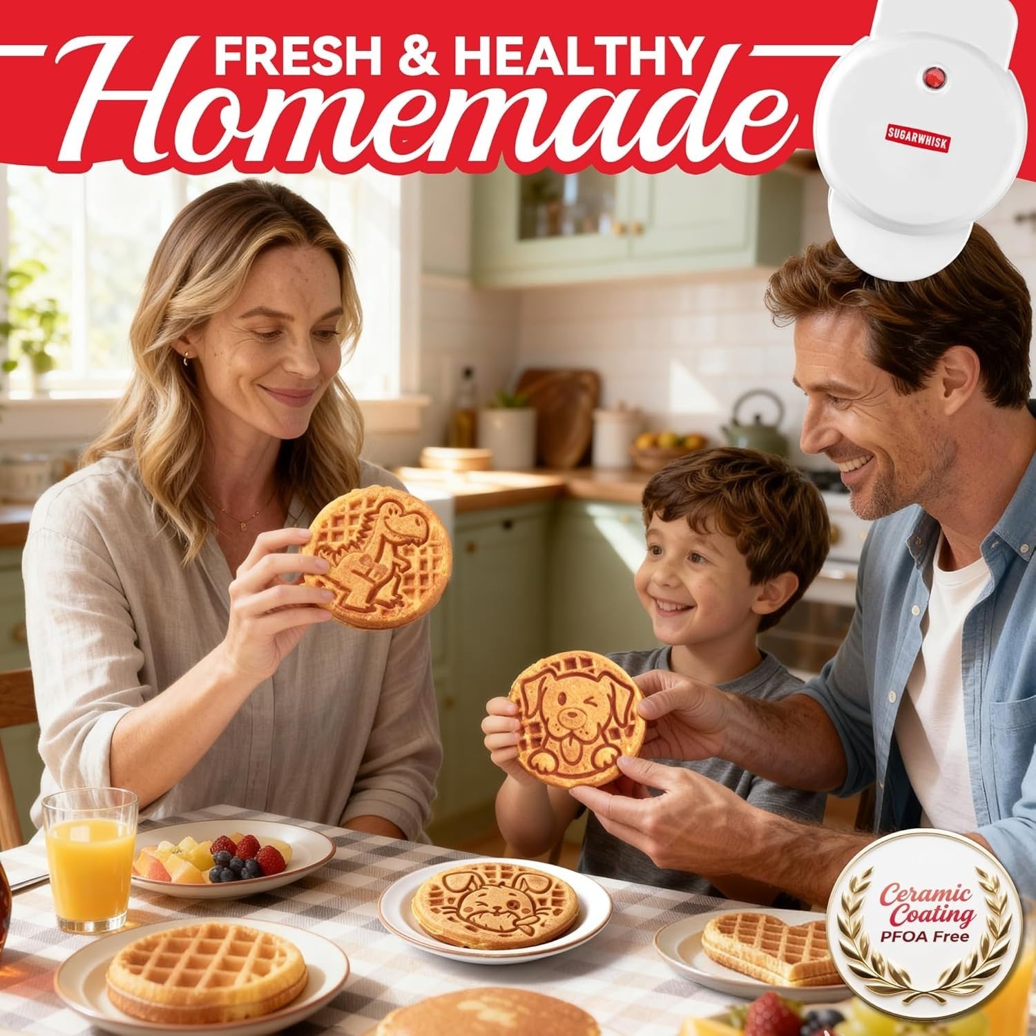 6-in-1 Mini Waffle Maker 4.5'' Removable Plates Ceramic Coating White