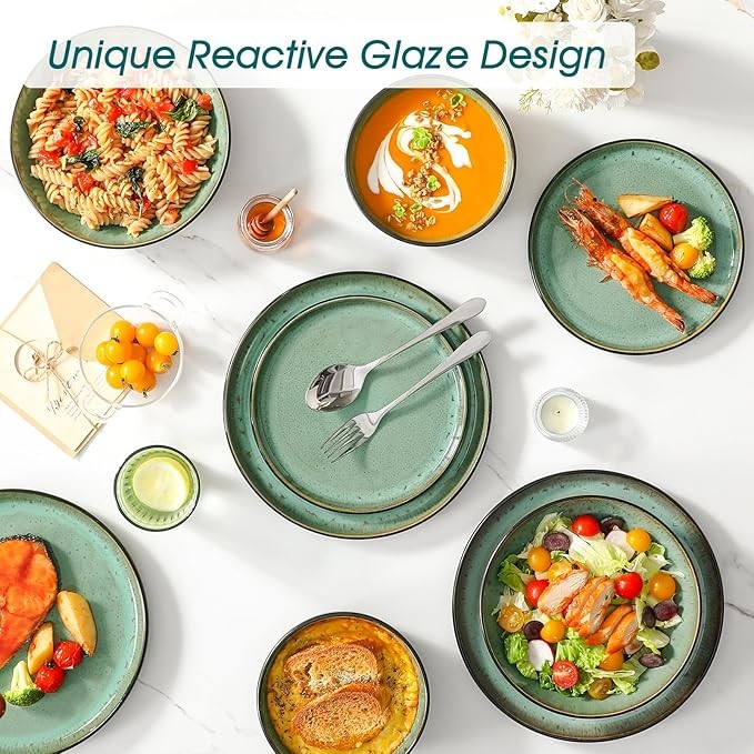 24pc Stoneware Dinner Set Plates Bowls Reactive Glaze Service for 6 Green