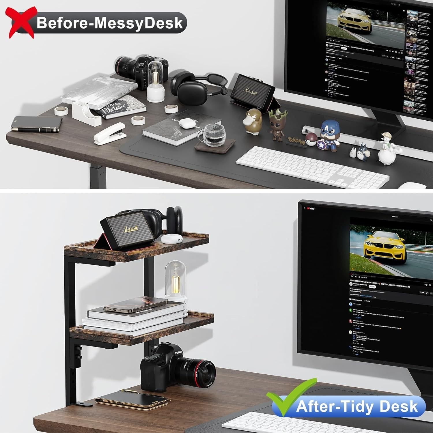 Clamp-On Desk Shelf 2-Tier Adjustable Wood Desktop Organizer Storage Rack