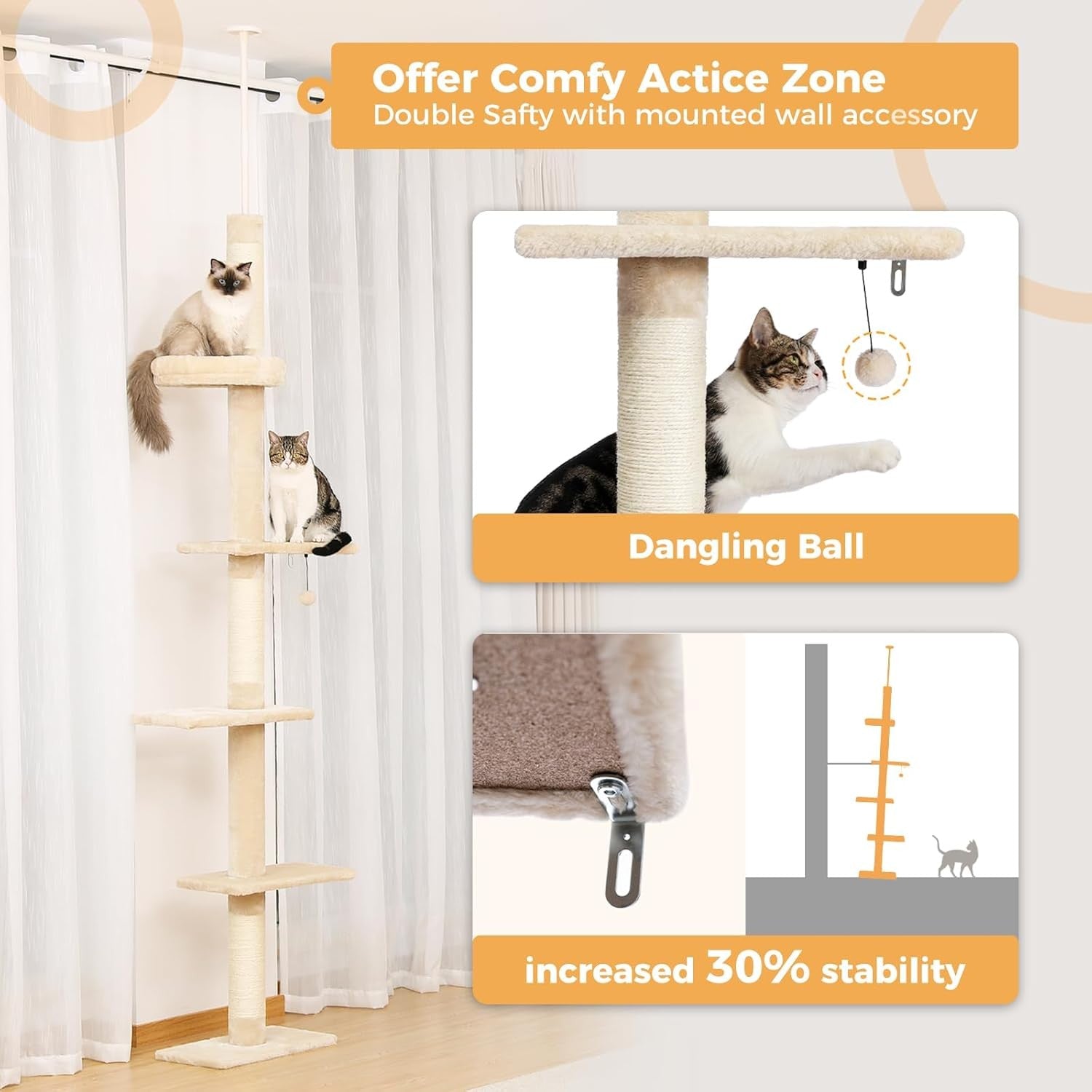 Floor to Ceiling Cat Tree Tower Adjustable 243–273cm 5 Tier Scratching Post