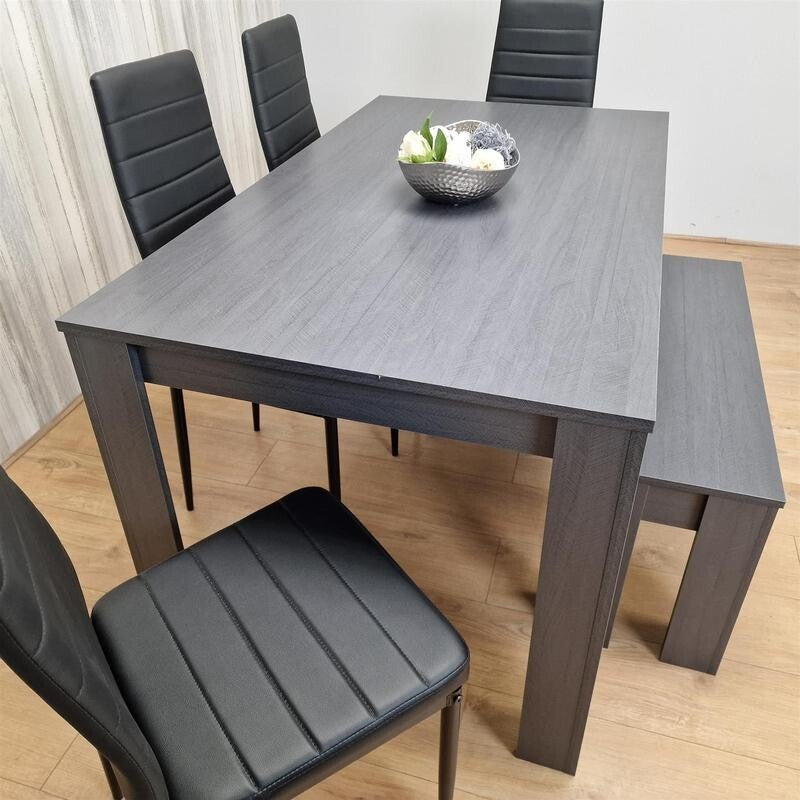 6 Seater Dark Grey Dining Table Set with 4 Chairs & Bench Faux Leather