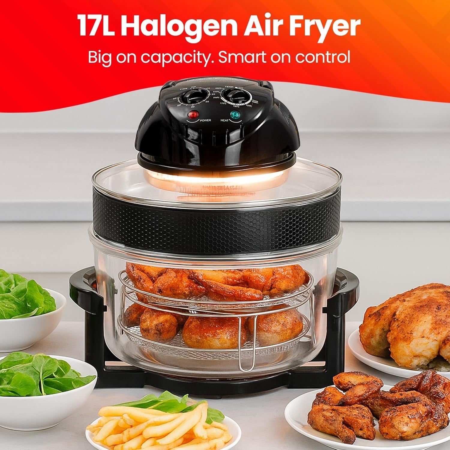 12–17L Halogen Air Fryer Oven | Glass Bowl | Extender Ring | Adjustable Temp