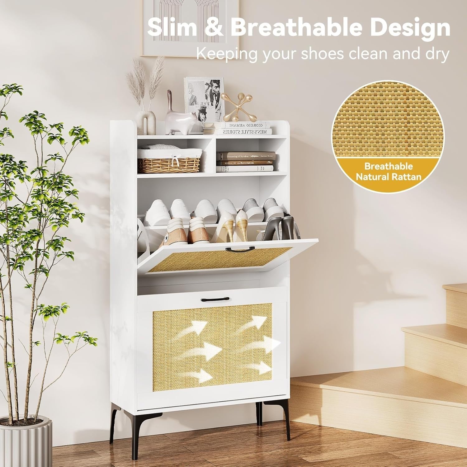 Compact Rattan White Shoe Cabinet 2 Flip Drawers + Open Storage 60x24x114cm