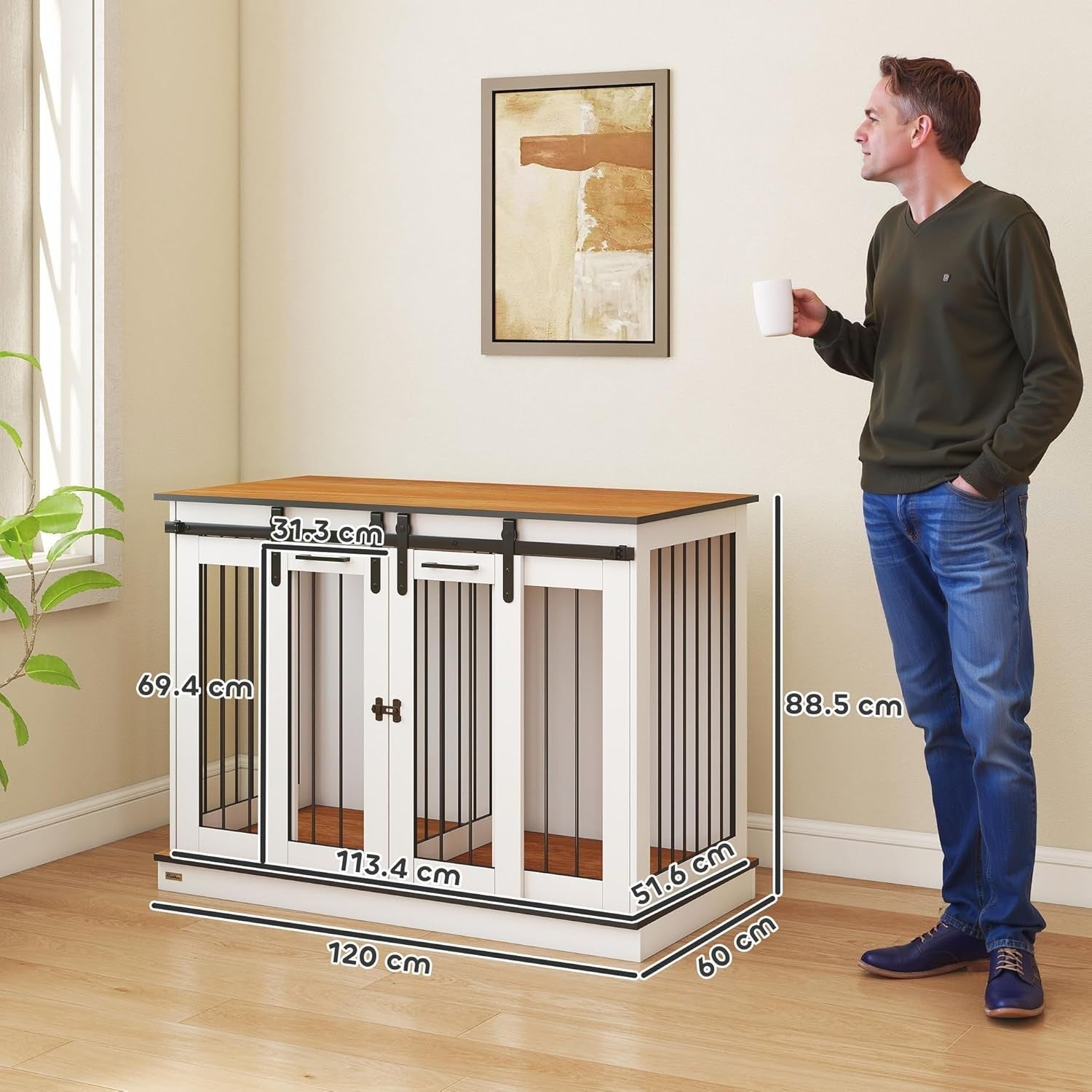 Large White Dog Crate Furniture with Divider, Sliding Doors & Side Table