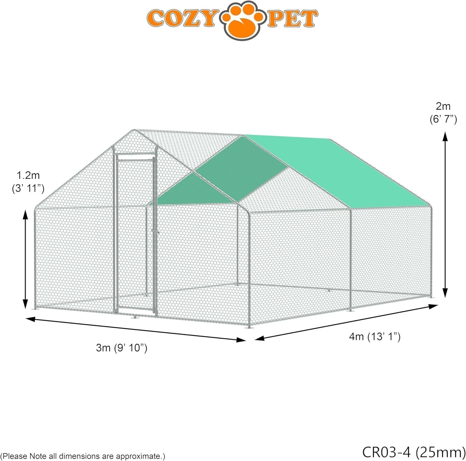 3x4m Walk In Chicken Run 25mm Steel Heavy Duty Pen