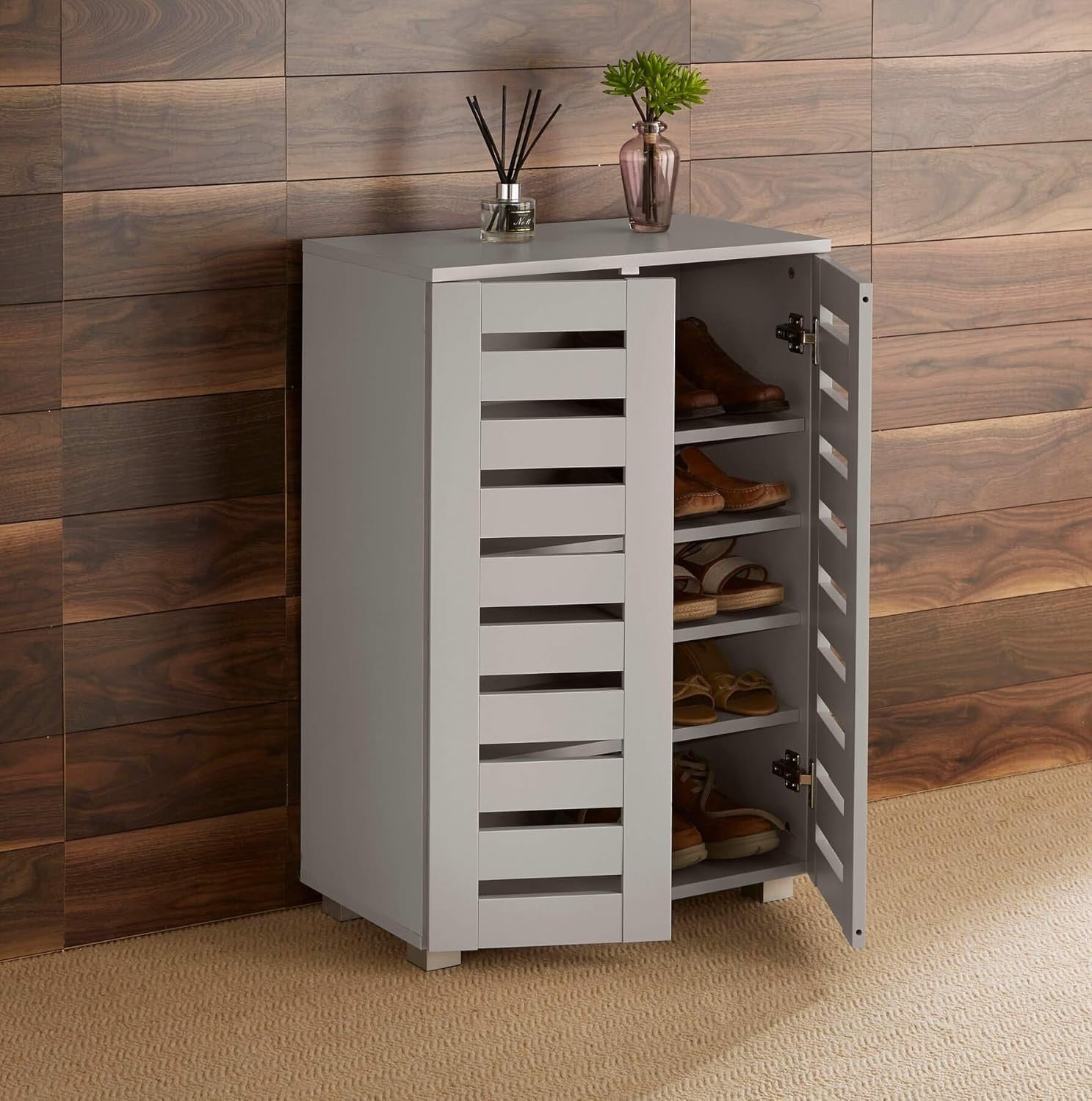 2-Door Wooden Shoe Cabinet with 5 Shelves, 60x33x87 cm Grey
