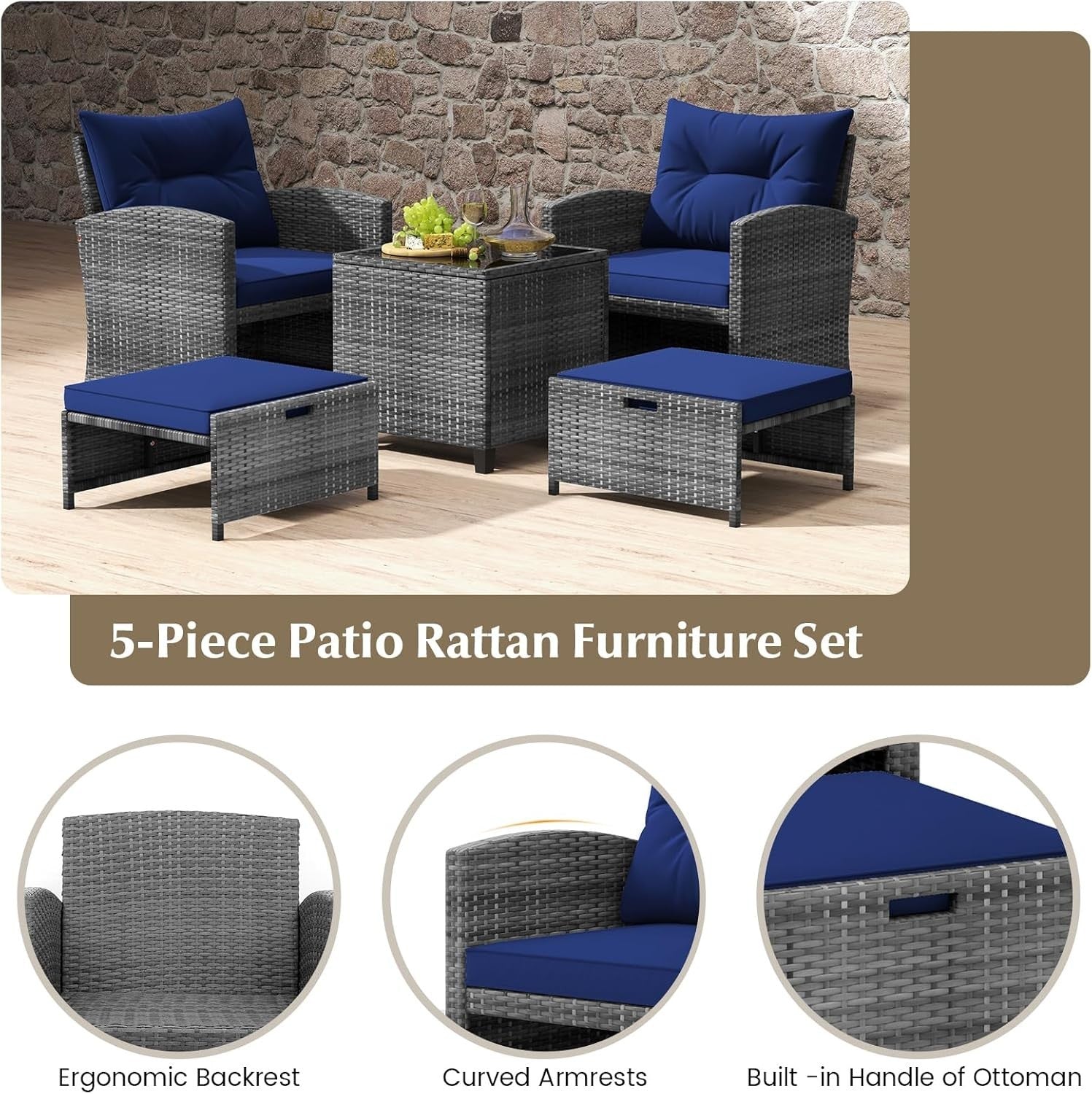 5-Piece Outdoor Rattan Patio Set with Cushions, Glass Table & Footstools