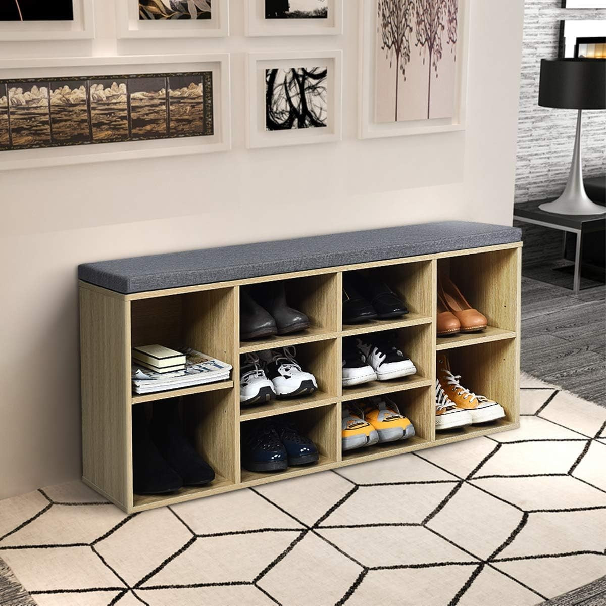 Shoe Storage Bench with Cushion & Adjustable Shelves 104x30x48cm Natural