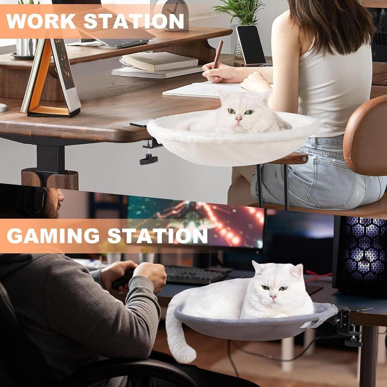 180° Rotating Cat Desk Hammock Foldable Washable Perch Bed White
