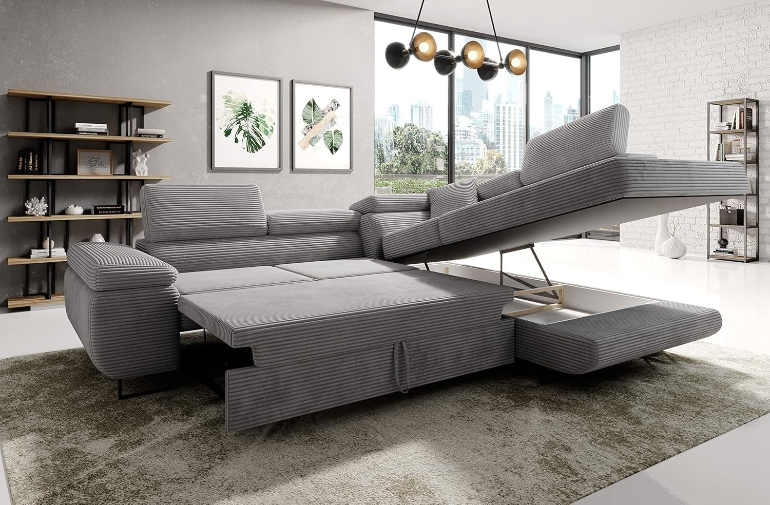 Corner Sofa Bed with Storage Beige Cord L Shape 277x203cm 3 Seater
