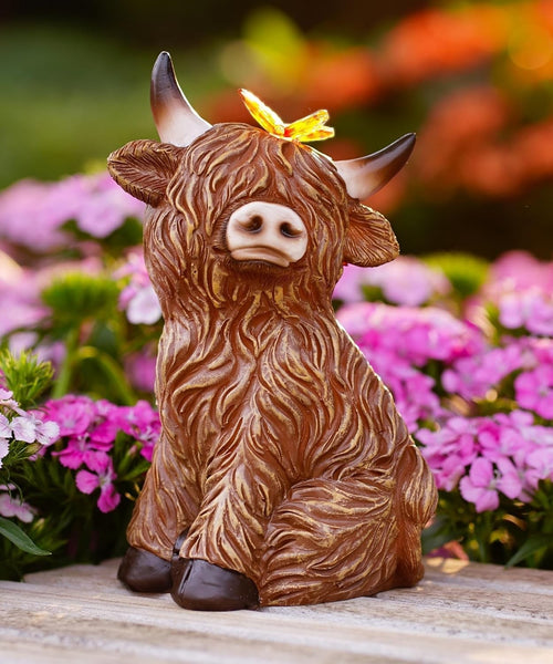 Solar Highland Cow Garden Ornament with Butterfly Light Resin Outdoor Decor