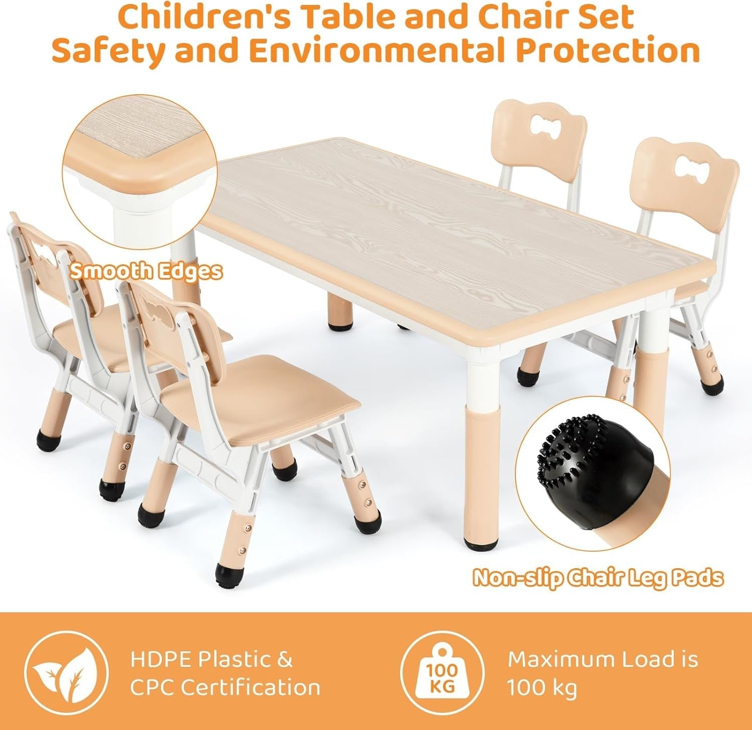 Kids Table and 4 Chairs Set Adjustable Height Durable Plastic Kids Furniture Yel