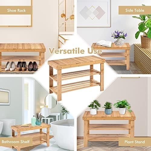 Natural Bamboo Shoe Storage Bench – 3-Tier Rack & Seat for Hallway 70cm