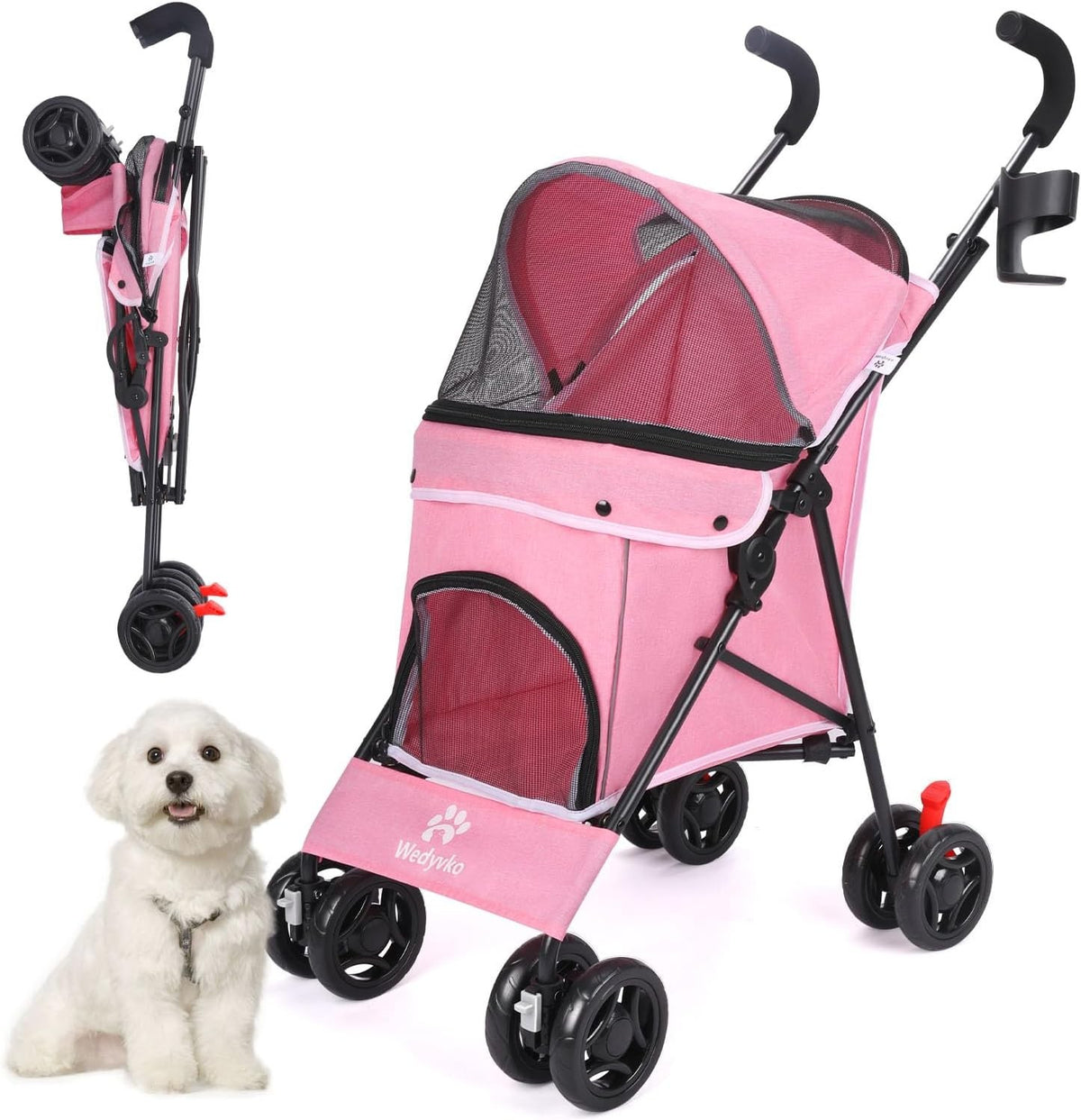 3 in 1 Pet Stroller Folding Dog Cat Pushchair 4 Wheel Travel Pram Pink