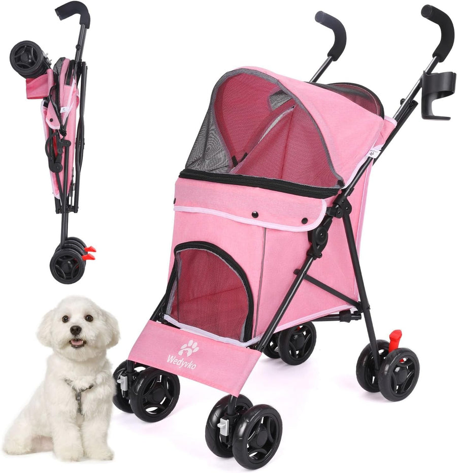 3 in 1 Pet Stroller Folding Dog Cat Pushchair 4 Wheel Travel Pram Pink