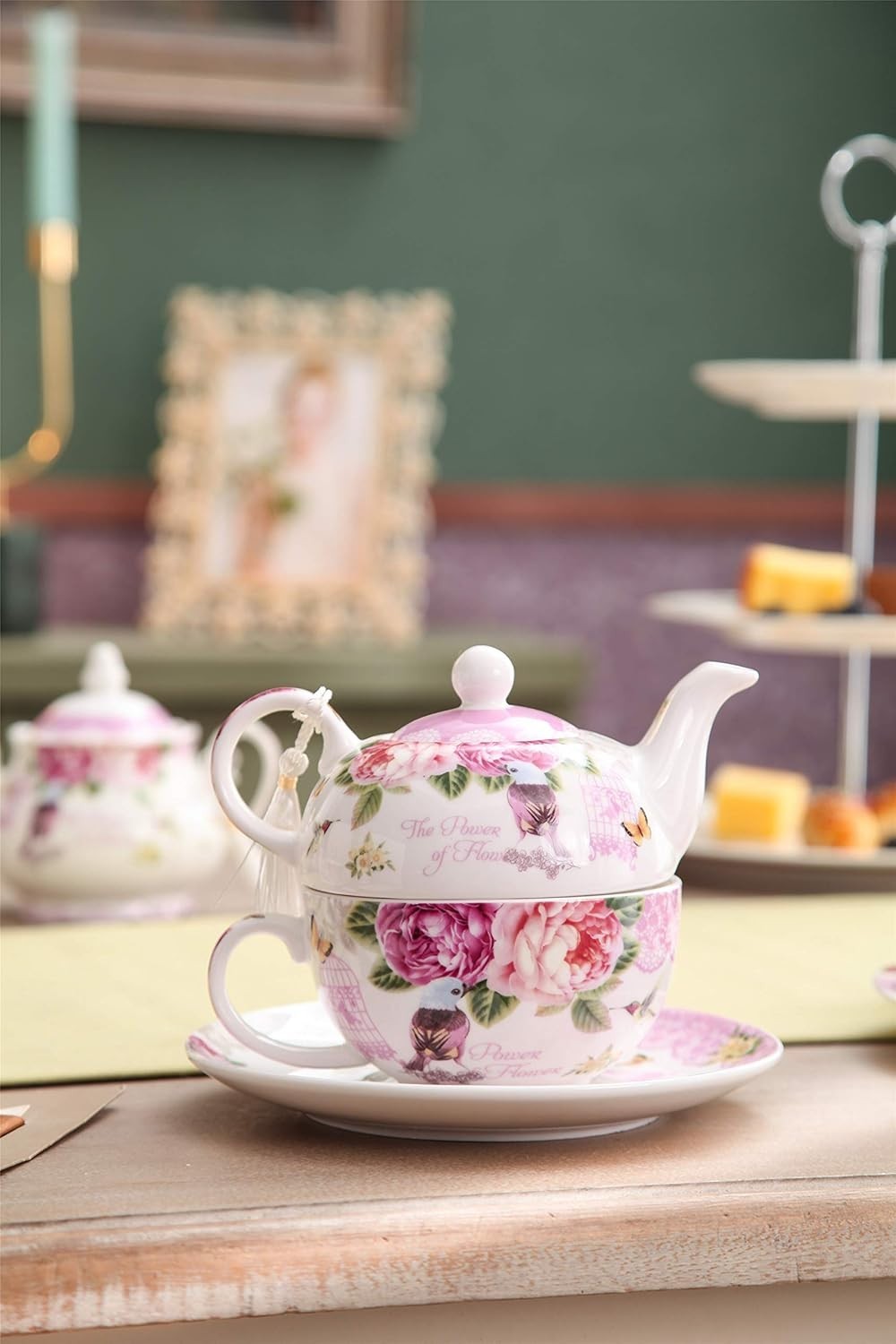 Tea for One Teapot Cup Saucer Set Bird Rose Butterfly Gift Box Floral