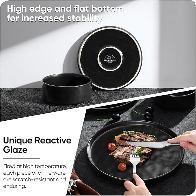 12pc Matte Black Stoneware Dinner Set Plates Bowls Modern Service for 4