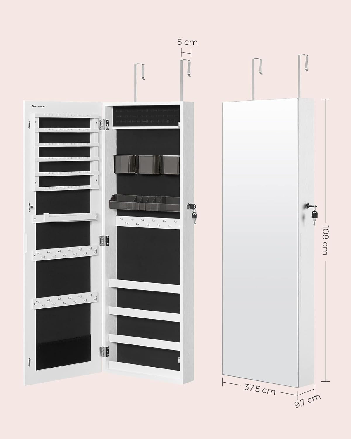 White Wall Mounted Jewelry Cabinet Mirror Lockable Hanging Storage
