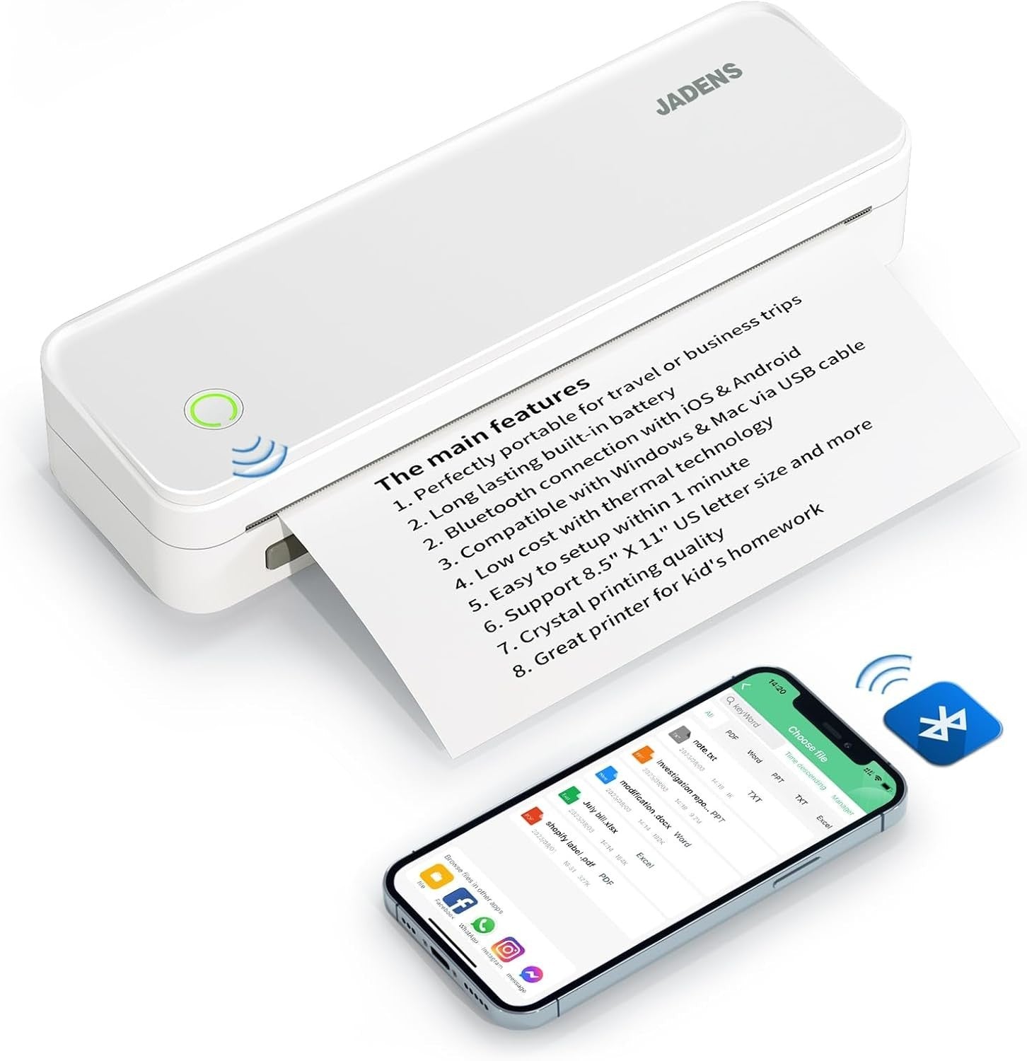 Portable Wireless Thermal Printer White | Inkless, A4, Bluetooth, Travel