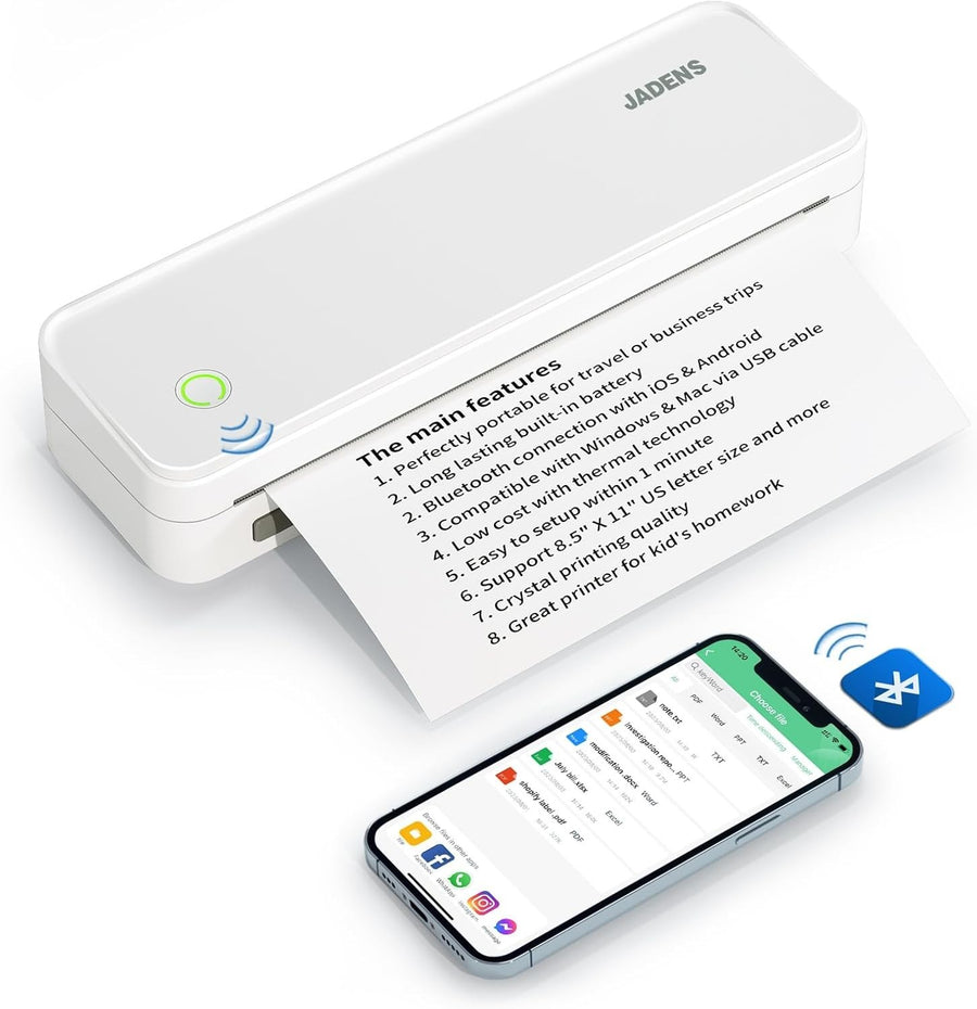 Portable Wireless Thermal Printer White | Inkless, A4, Bluetooth, Travel