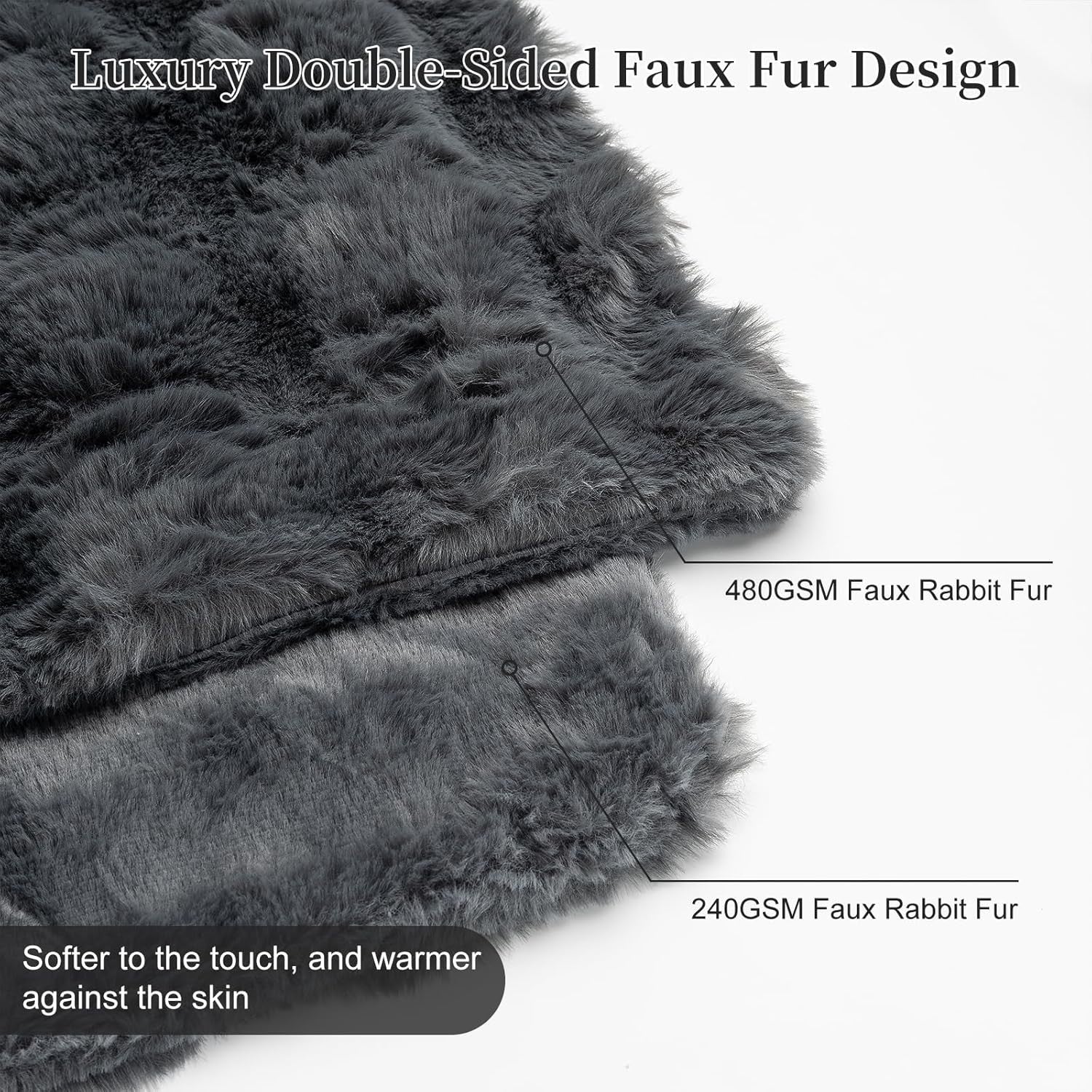 Grey Faux Rabbit Fur Throw Blanket 100x160cm 720GSM Soft & Warm for Sofa