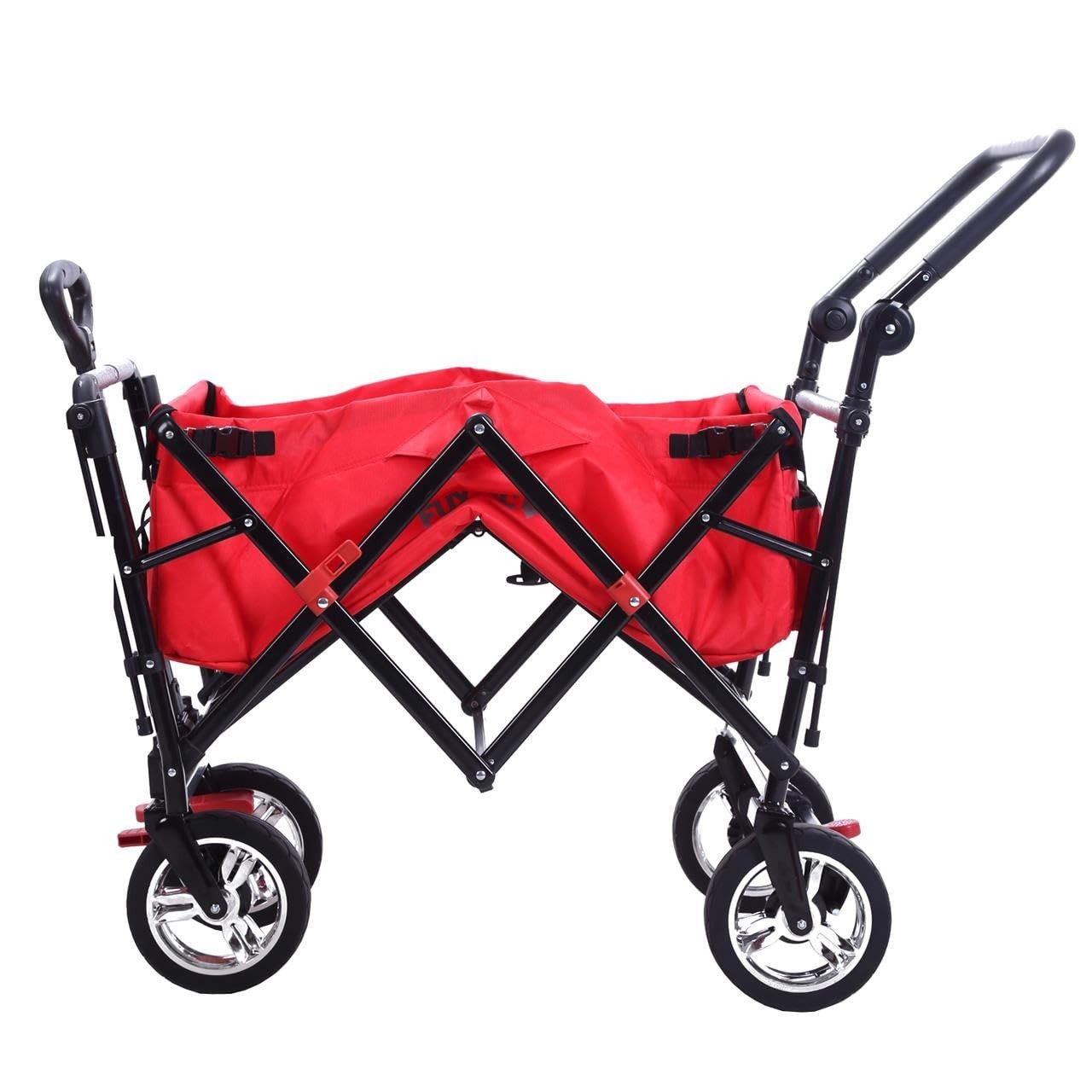 Red Kids Folding Stroller Wagon Push Pull Cart w/ Canopy & Dual Brakes