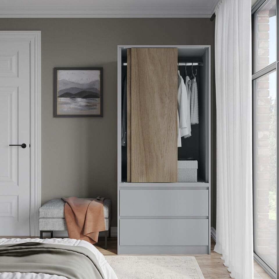 2-Door 2-Drawer Sliding Wardrobe with Hanging Rail & Silent Doors, Bedroom