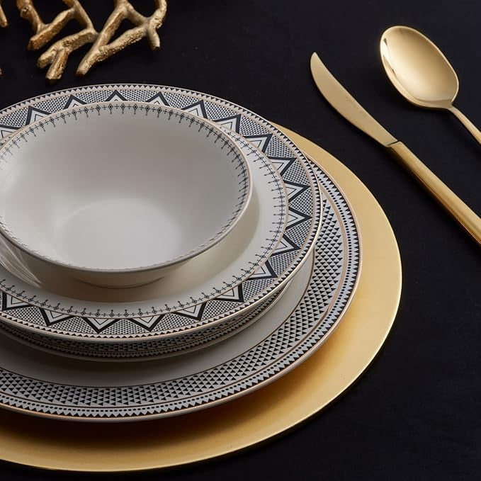 24 Piece Porcelain Dinner Set for 6 Plates Bowls White Gold Rim