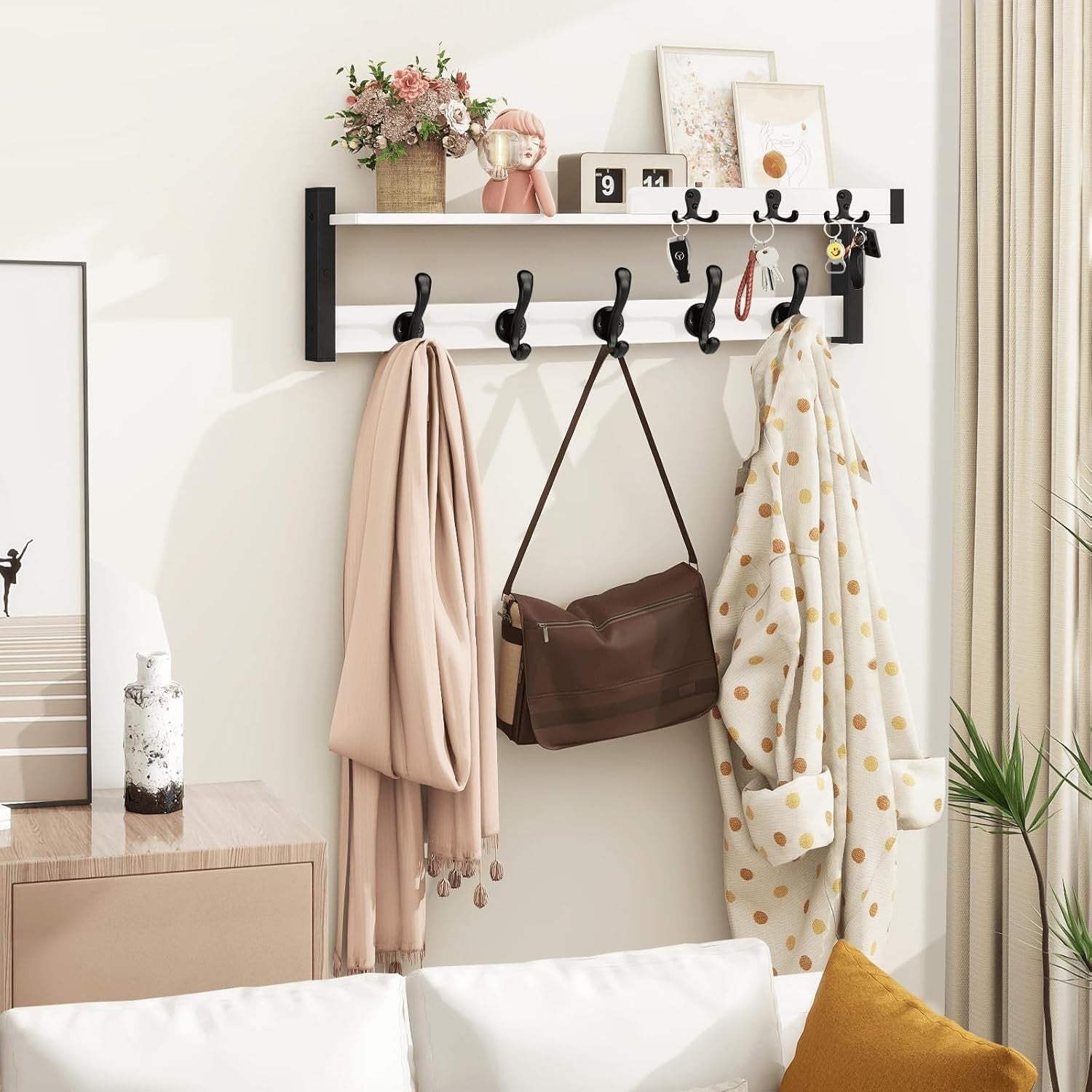 White Wall Coat Rack 29" Wood Shelf with Hooks & Key Holder Entryway Organizer