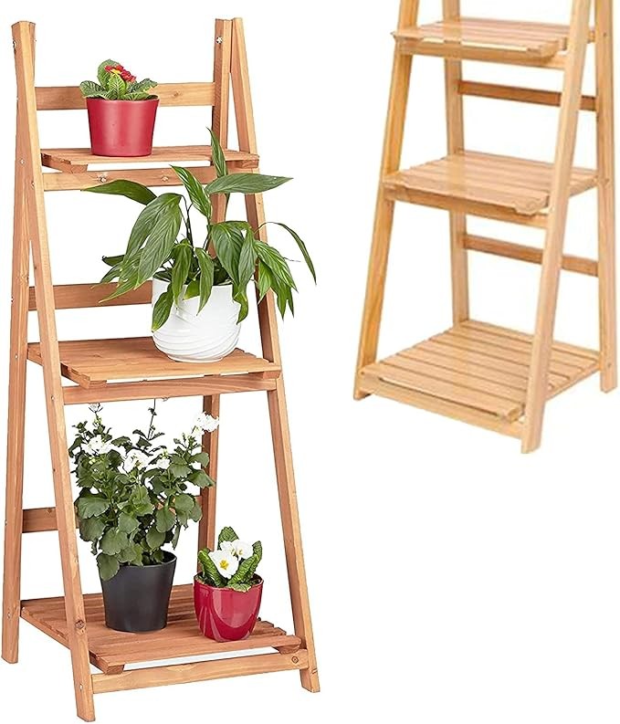 3 Tier Bamboo Plant Stand Foldable Indoor Outdoor Wooden Flower Shelf