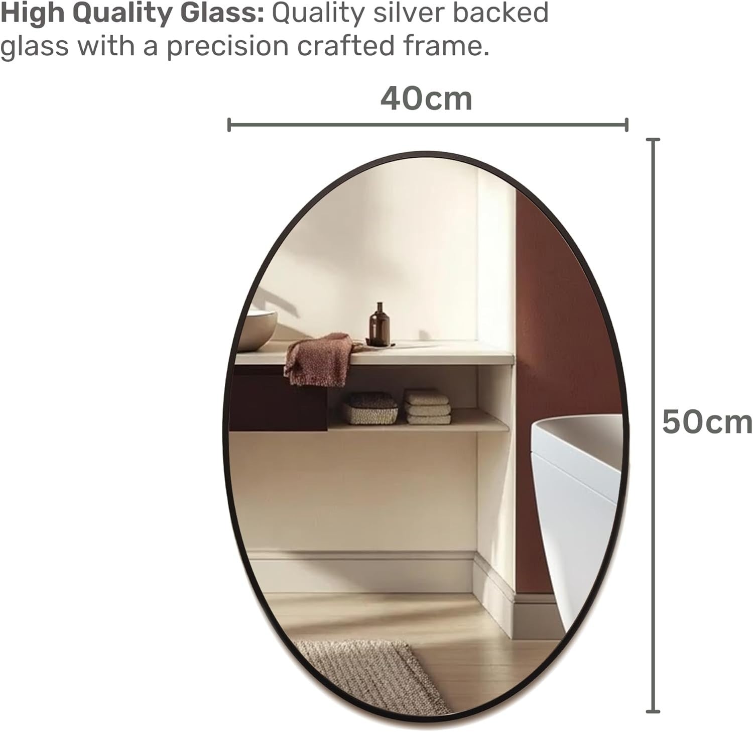 Modern Oval Black Bathroom Mirror 50x40 cm, Stylish Wall Mounted