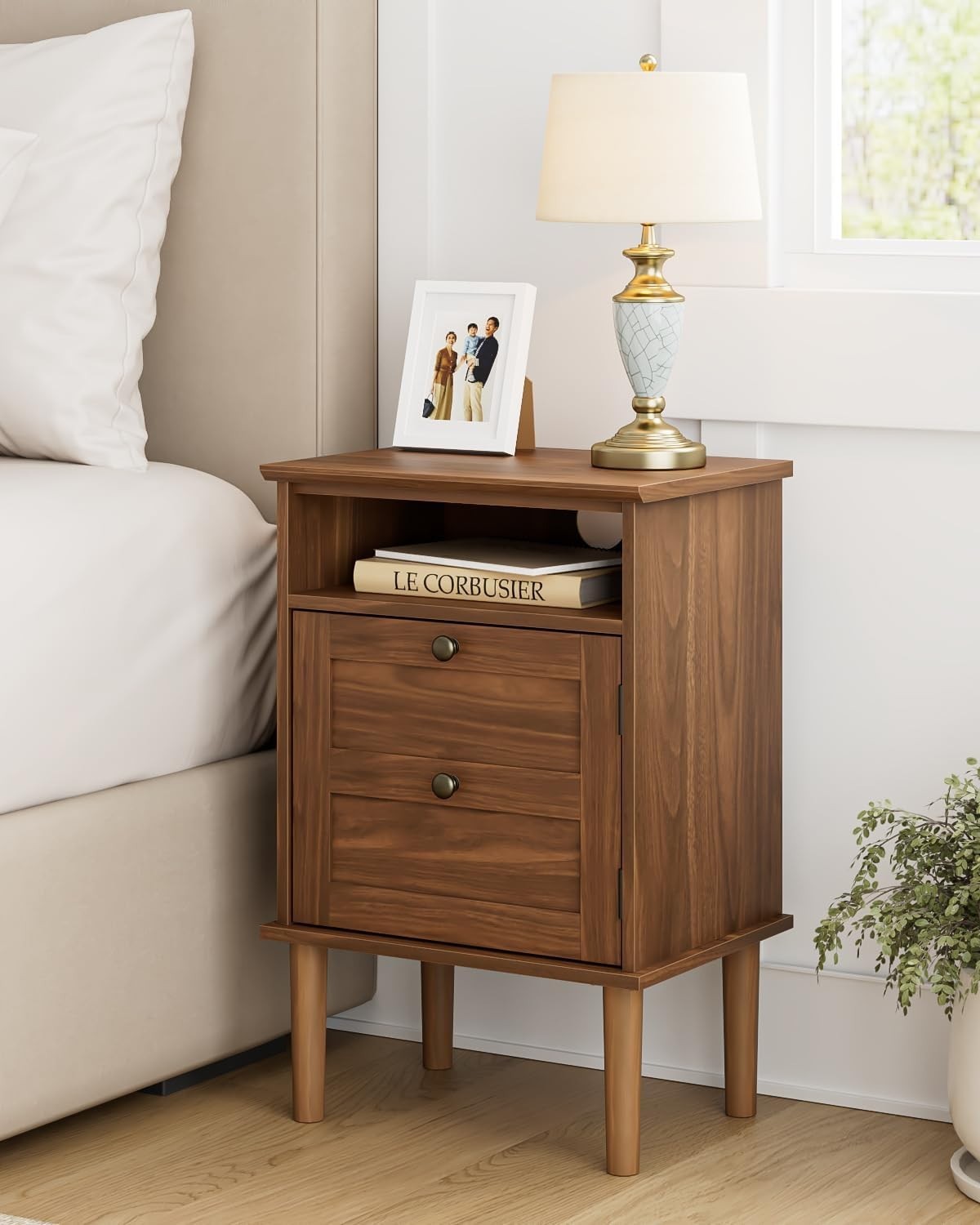 Walnut Wooden Bedside Table with Door & Open Shelf | Vintage Farmhouse