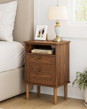 Walnut Wooden Bedside Table with Door & Open Shelf | Vintage Farmhouse
