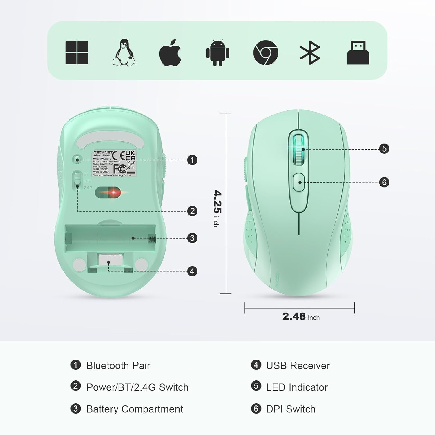 Wireless Bluetooth Mouse 4000DPI Silent Click Ergonomic Multi Device Green