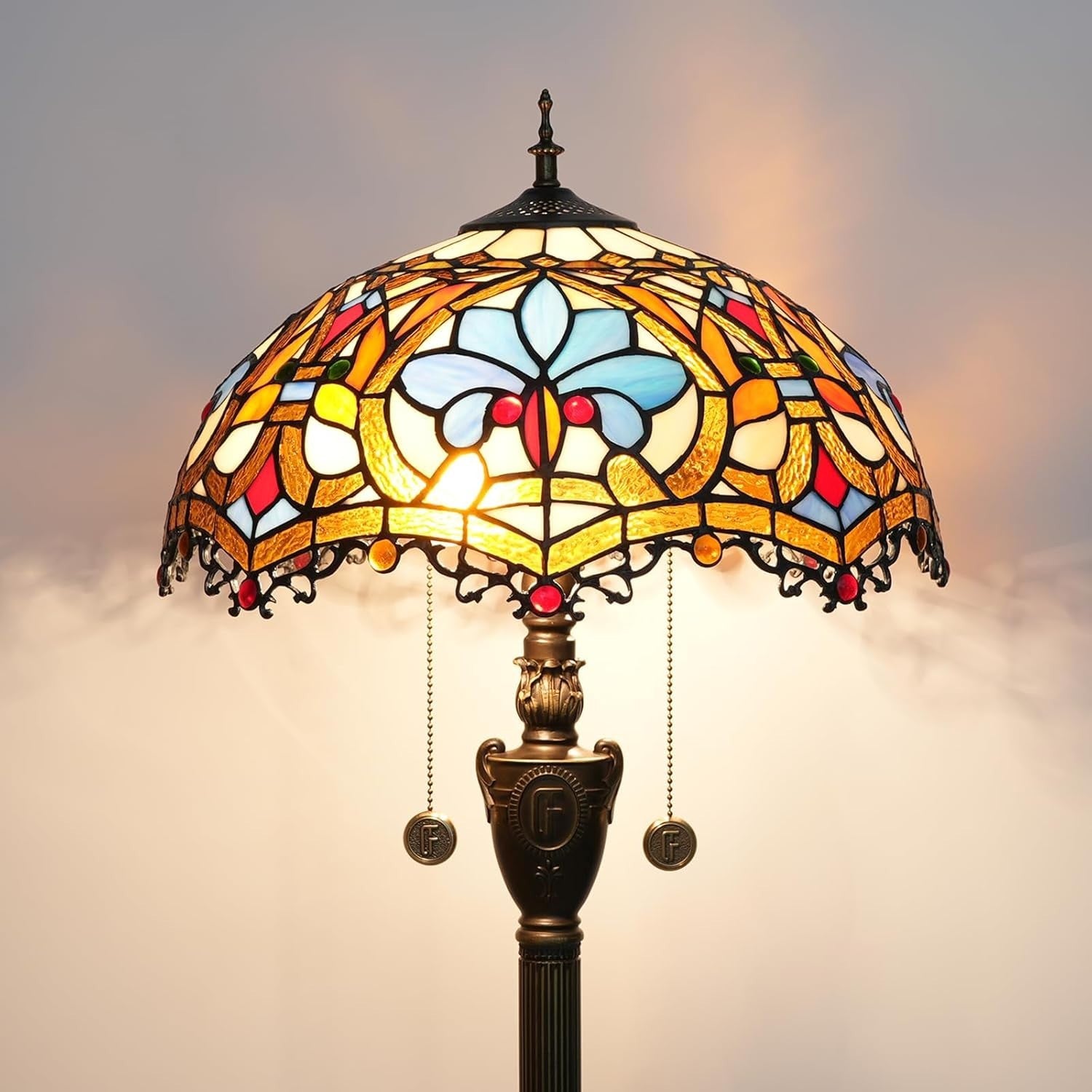 Stained Glass Floor Lamp with Pull Chain & Vintage Bronze Base 64"
