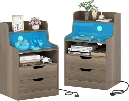Grey LED Bedside Tables with Charging Station, Drawers & RGB Shelves (Set of 2)