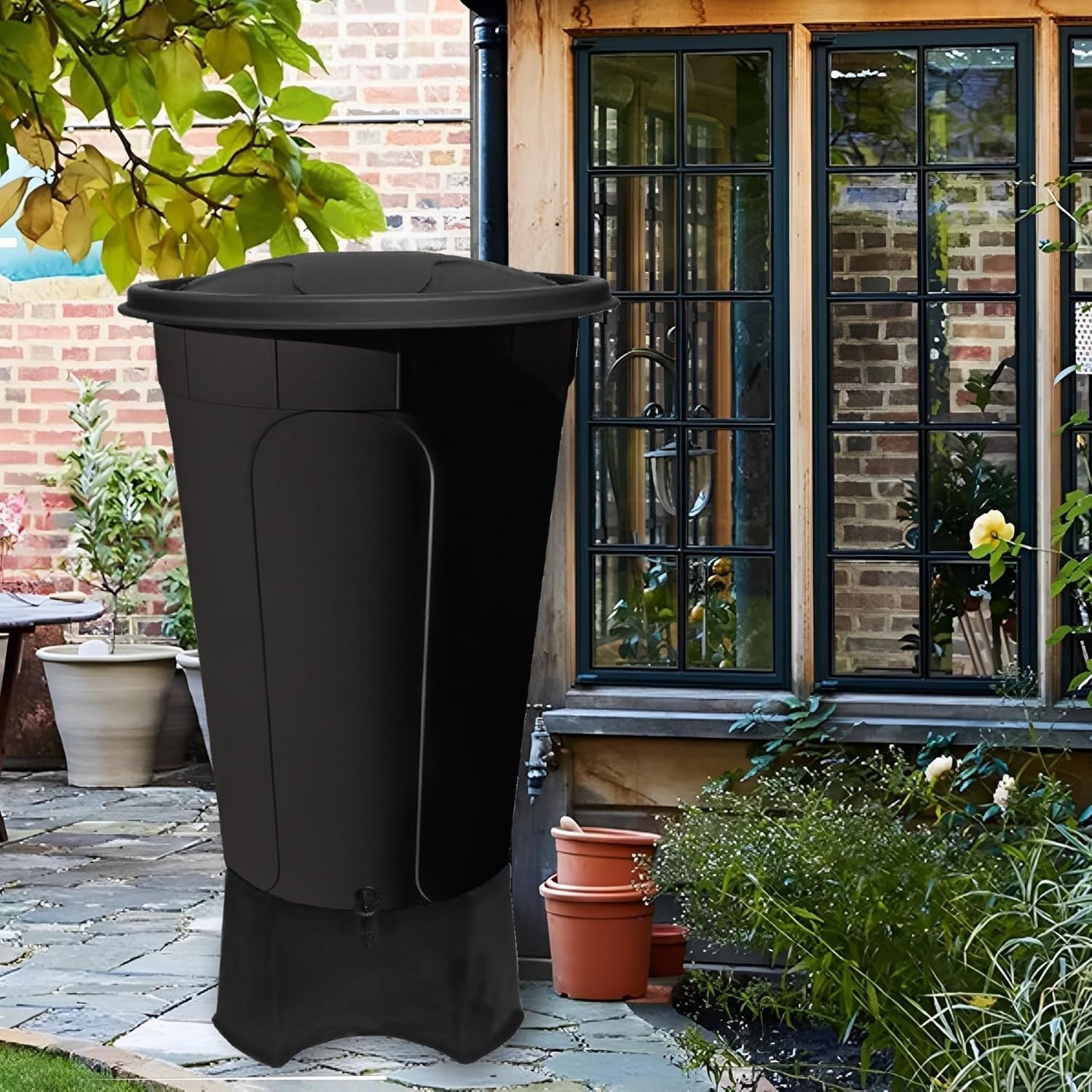 210L Black Garden Water Butt Kit with Stand, Tap & Lid for Outdoor Use