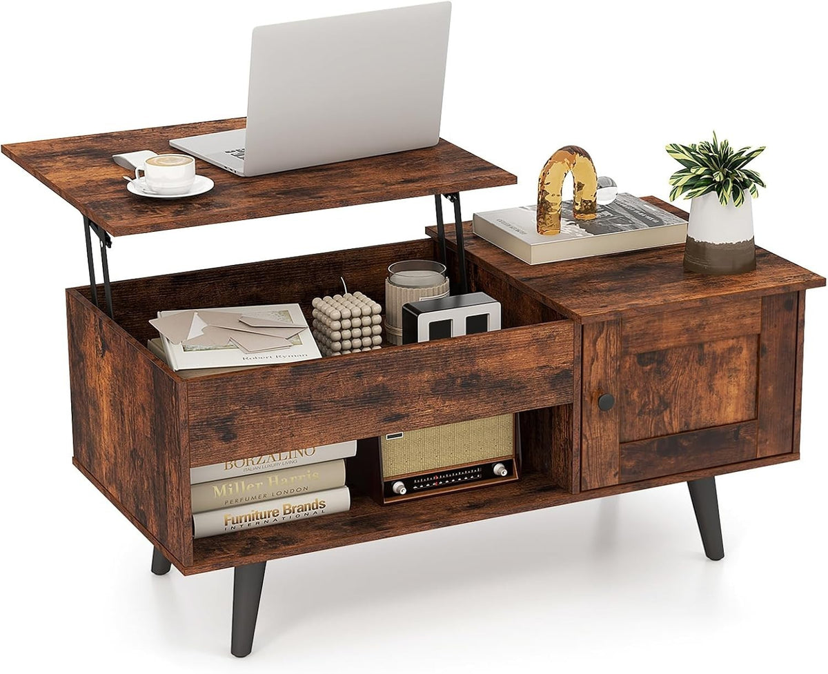 Lift Top Coffee Table with Storage, Adjustable Height, Rustic Brown Wood Finish