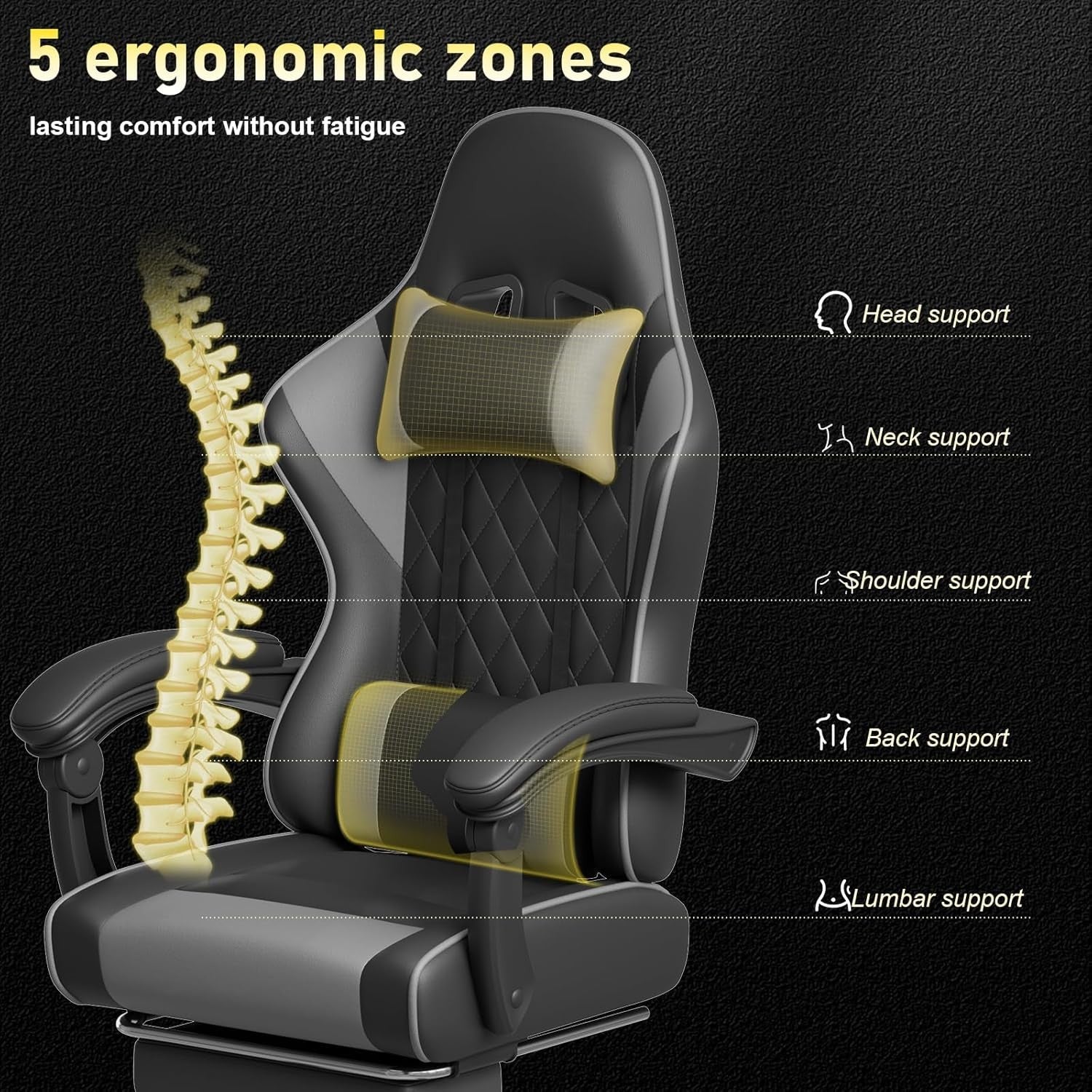 Gaming Chair with Massage Lumbar Recliner Footrest 150kg Grey