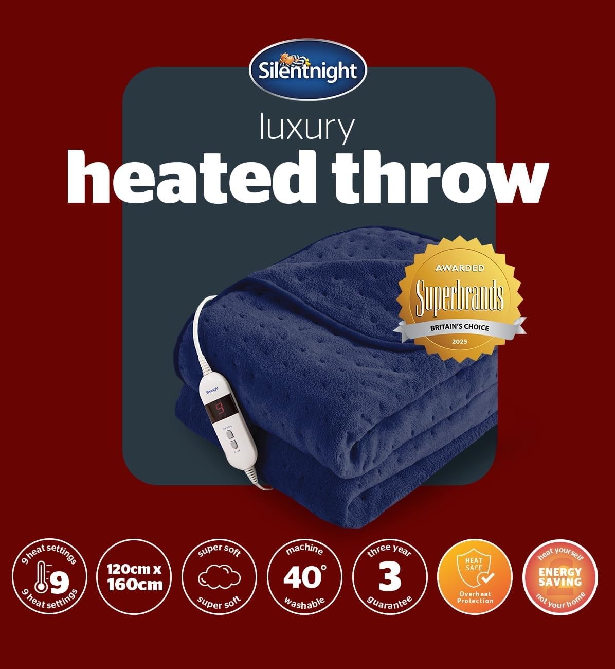Electric Heated Throw Blanket 9 Heat Settings Fast Heat Washable 120x160cm