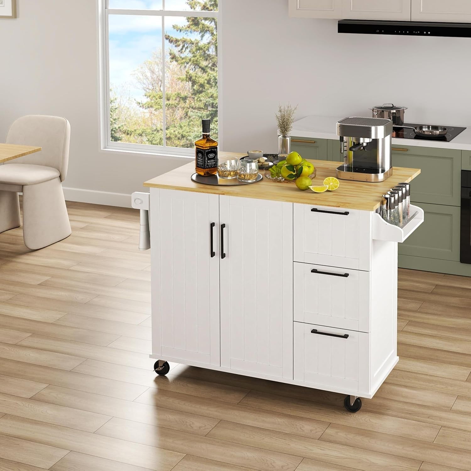 Rolling Kitchen Island Cart w/ Drop Leaf, Storage & Drawers 123x75x91cm