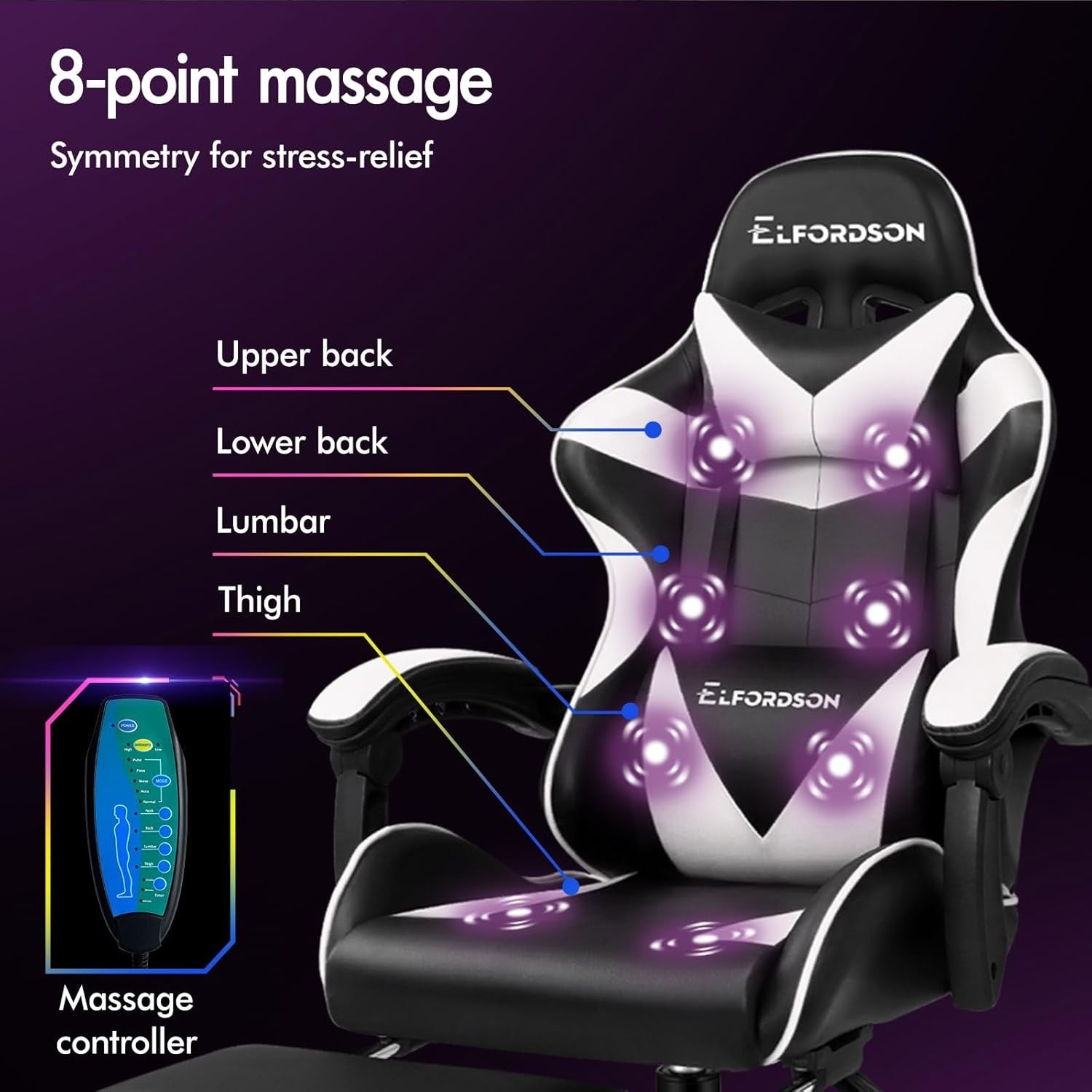 Massage Gaming Chair Recliner w/ Footrest 150° Swivel PU White