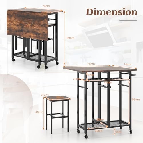 Foldable Drop Leaf Dining Table Set with Storage Shelves, Wine Rack & Stools
