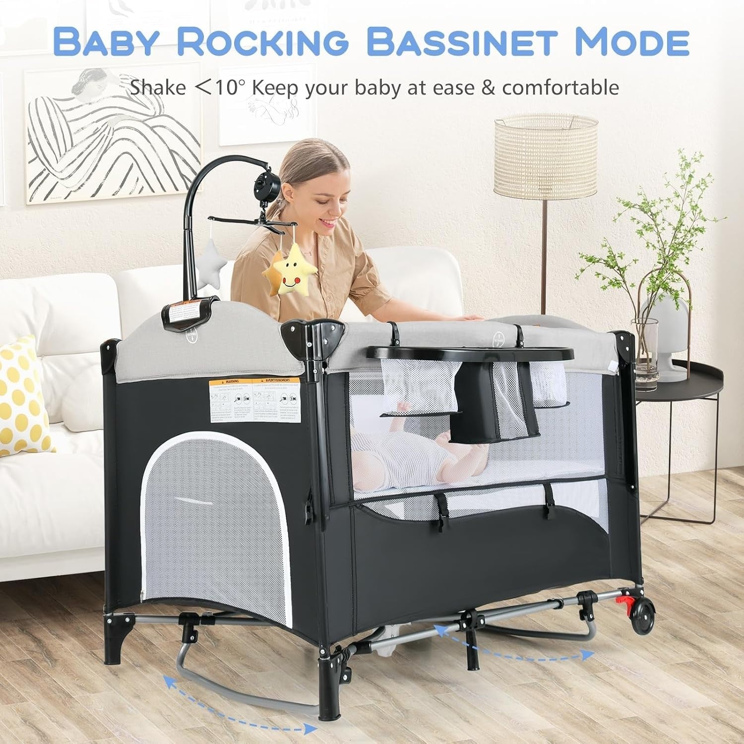 6in1 Baby Travel Cot Foldable Crib with Mattress, Changer & Storage Dark Grey