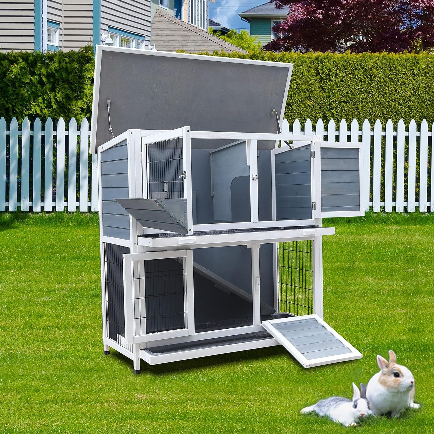 Large 2 Tier Rabbit Hutch Double Decker with Ramp Sliding Trays Outdoor