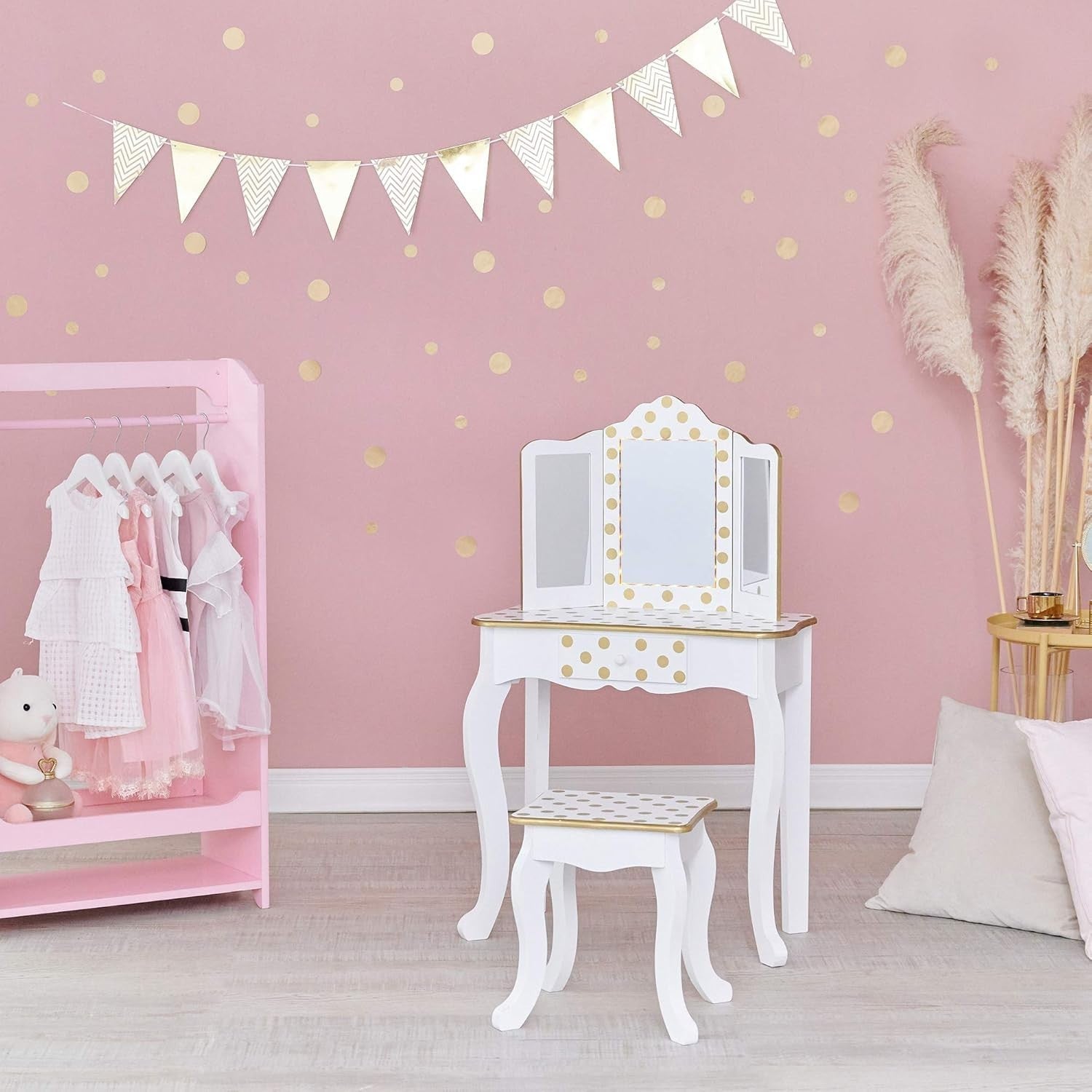Kids Vanity Table with LED Mirror & Stool White Gold – Storage Drawer