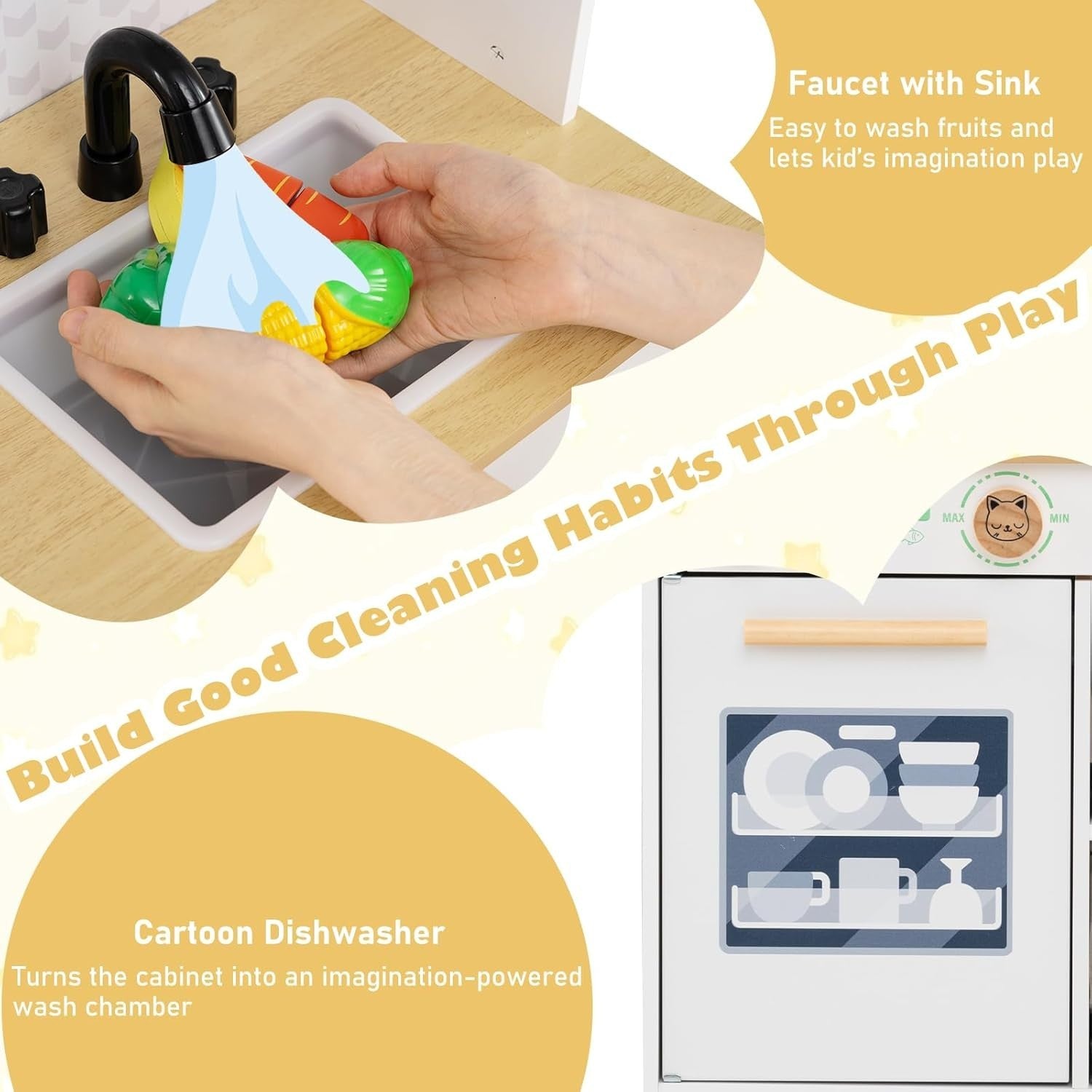 Wooden Kids Play Kitchen White w/ Dishwasher Sink Pots Role Play