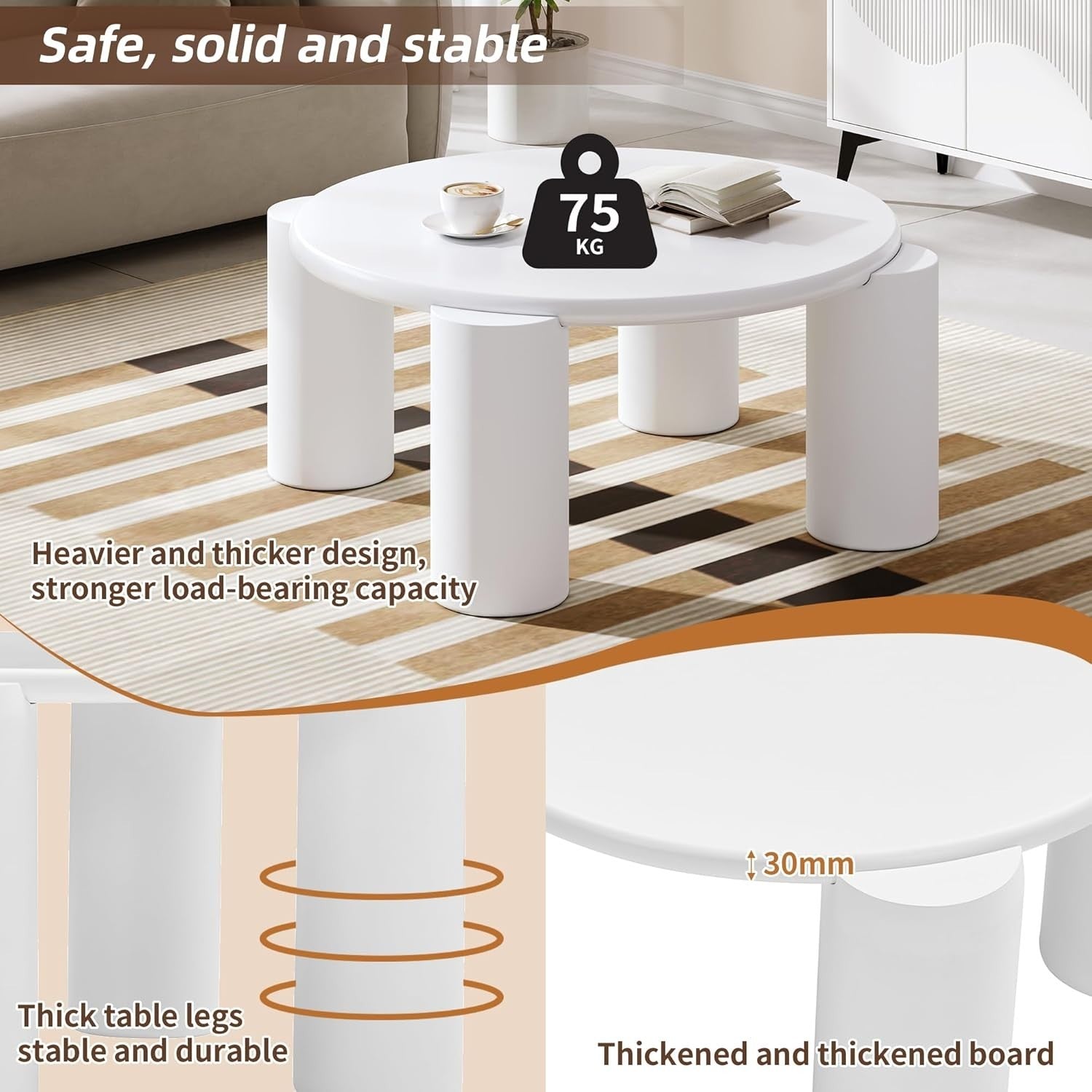 Round White Wooden Coffee Table, Stylish Modern Design, Sturdy & Space-Saving