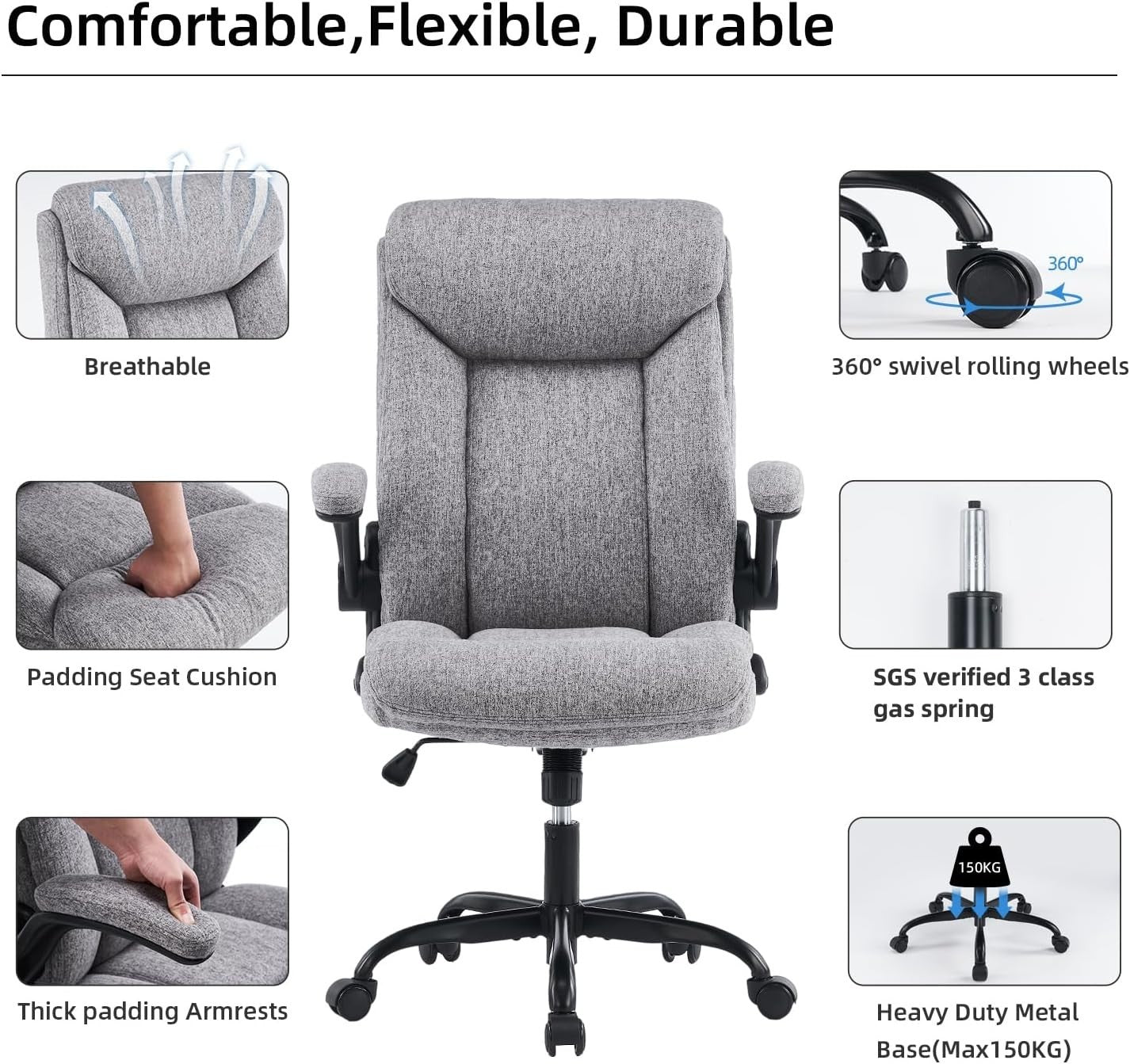 Ergonomic Office Chair High Back Swivel Desk Chair Padded Armrests Gray Max 150K